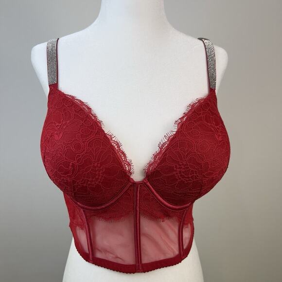 Victoria's Secret Bustier Very Sexy Sz.36 DD Red Shine Strap Push Up Bra New - Picture 1 of 9